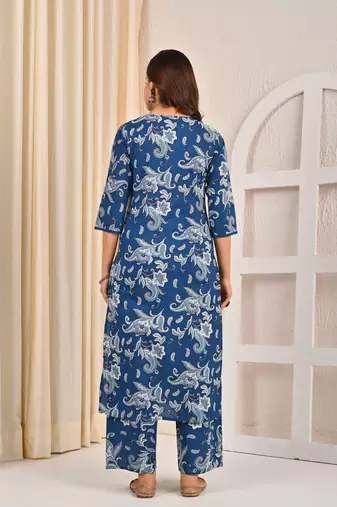 Blue floral printed cotton kurta set for women