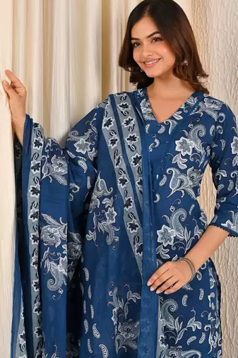Blue floral printed cotton kurta set for women