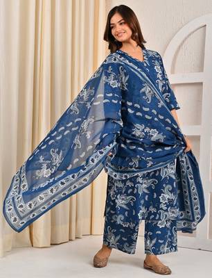 Blue floral printed pure cotton kurta set for women 4