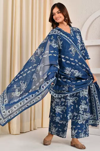 Blue floral printed cotton kurta set for women