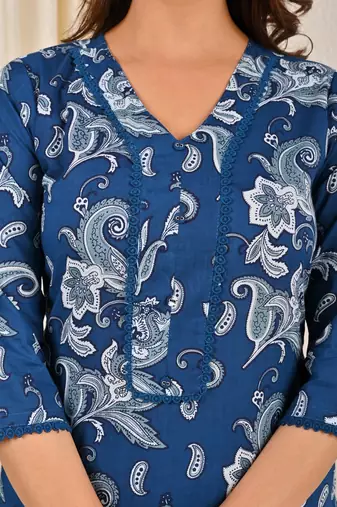 Blue floral printed cotton kurta set for women