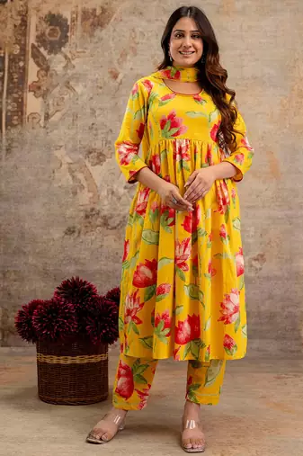 Yellow floral printed cotton kurta set for women
