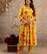 Yellow floral printed pure cotton kurta set for women