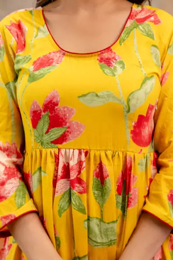 Yellow floral printed cotton kurta set for women