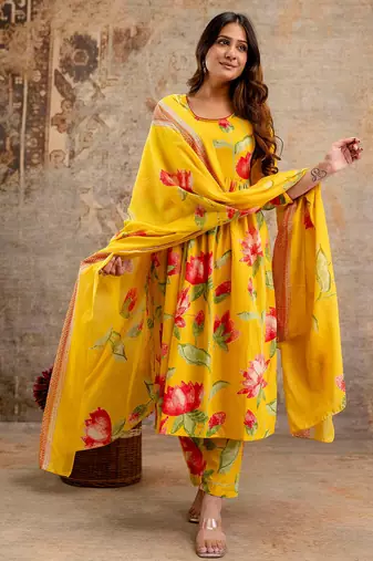 Yellow floral printed cotton kurta set for women