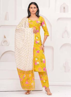 Yellow floral printed pure cotton kurta set for women 1