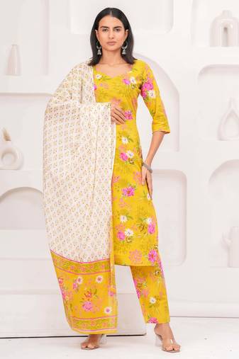 Yellow floral printed cotton kurta set for women