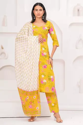 Yellow floral printed cotton kurta set for women