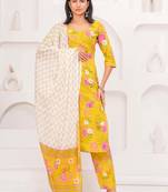 Yellow floral printed pure cotton kurta set for women
