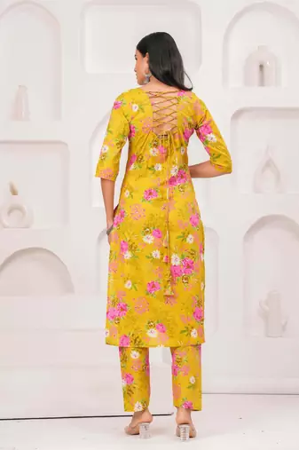 Yellow floral printed cotton kurta set for women