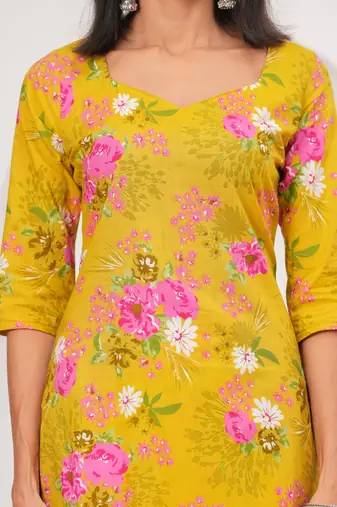 Yellow floral printed cotton kurta set for women