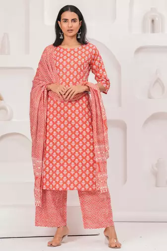 Pink floral printed pure cotton kurta set for women