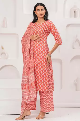 Pink floral printed pure cotton kurta set for women