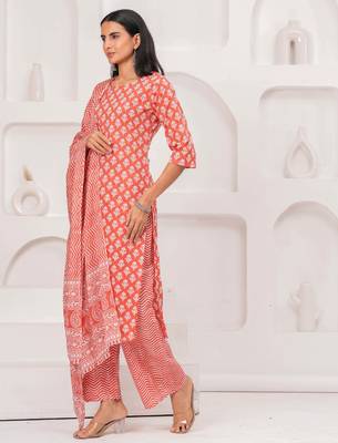 Pink floral printed pure cotton kurta set for women 5