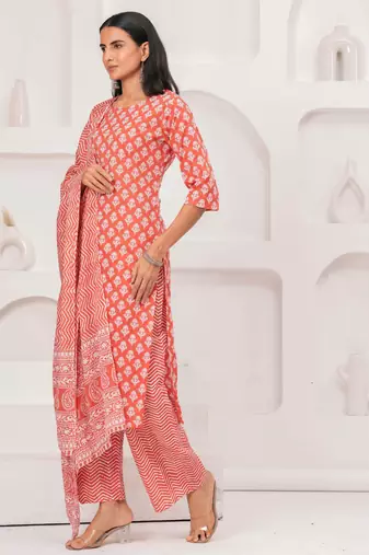 Pink floral printed pure cotton kurta set for women