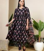 Black floral printed pure cotton kurta set for women