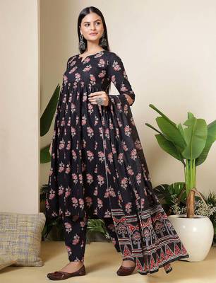 Black floral printed pure cotton kurta set for women 2