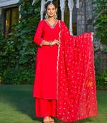 Magenta embroidered viscose rayon kurta set for women