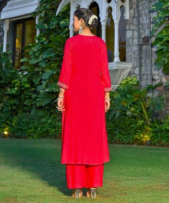 Magenta embroidered viscose rayon kurta set for women 2