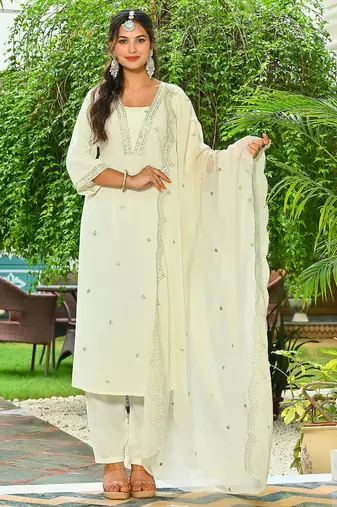 Off white embroidered viscose rayon kurta set for women