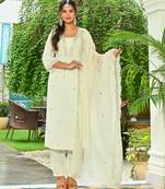 Off white embroidered viscose rayon kurta set for women