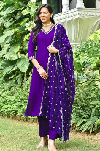 Purple embroidered viscose rayon kurta set for women