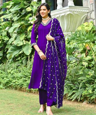 Purple embroidered viscose rayon kurta set for women 4