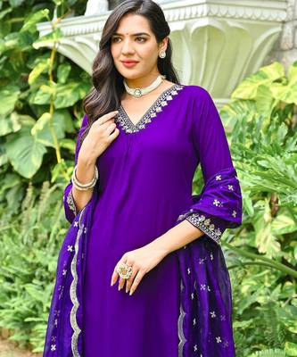 Purple embroidered viscose rayon kurta set for women 5