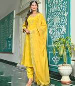 Yellow embroidered viscose rayon kurta set for women