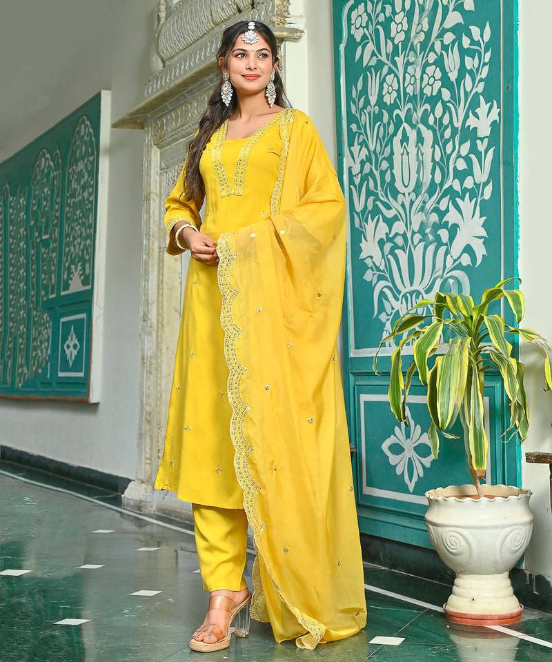 Yellow embroidered viscose rayon kurta set for women