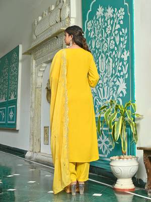 Yellow embroidered viscose rayon kurta set for women 2