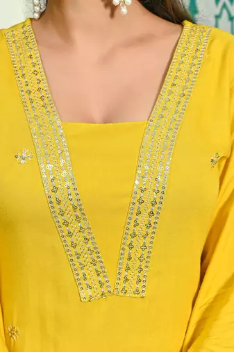 Yellow embroidered viscose rayon kurta set for women