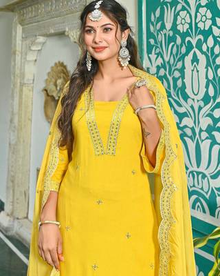 Yellow embroidered viscose rayon kurta set for women 5