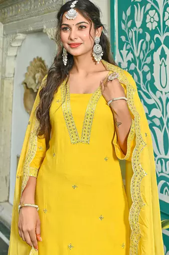 Yellow embroidered viscose rayon kurta set for women