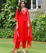 Red embroidered viscose rayon kurta set for women