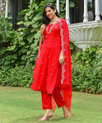 Red embroidered viscose rayon kurta set for women 3