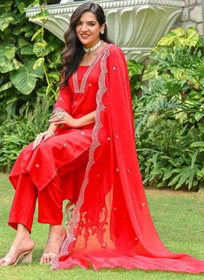 Red embroidered viscose rayon kurta set for women 5