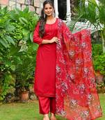 Maroon solid pure cotton kurta set for women
