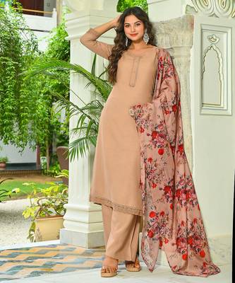 Beige solid pure cotton kurta set for women 1