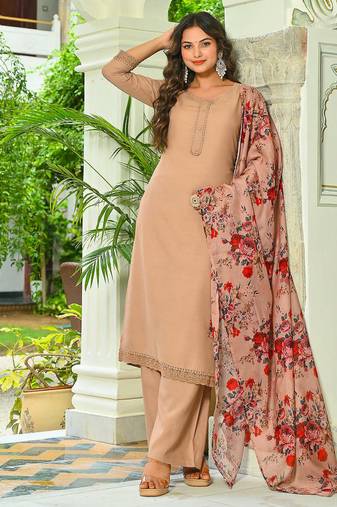 Beige solid cotton kurta set for women