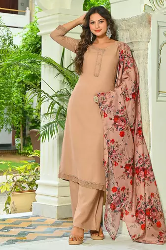 Beige solid pure cotton kurta set for women