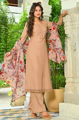 Beige solid pure cotton kurta set for women