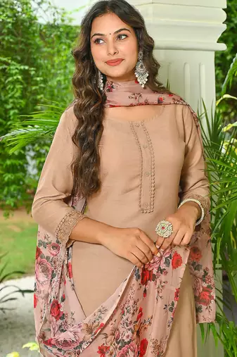 Beige solid pure cotton kurta set for women