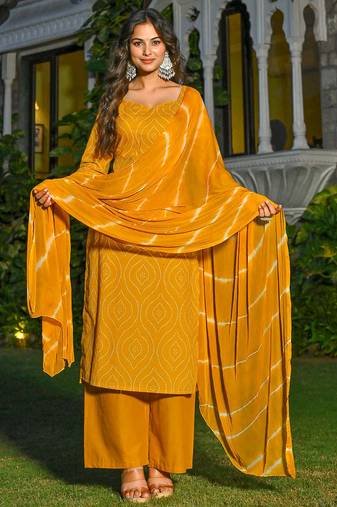 Yellow floral printed pure cotton kurta set for women