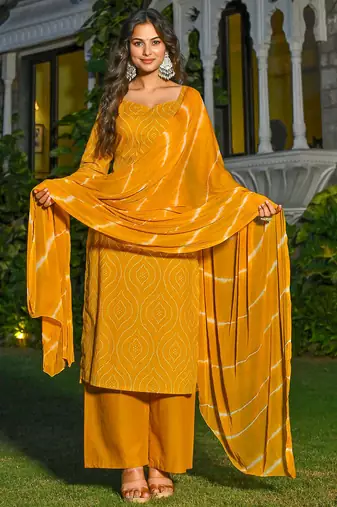 Yellow floral printed pure cotton kurta set for women