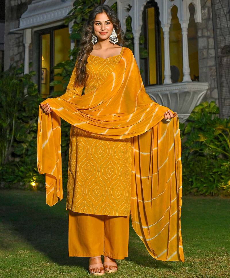 Yellow floral printed pure cotton kurta set for women