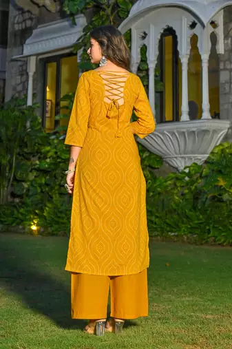 Yellow floral printed pure cotton kurta set for women
