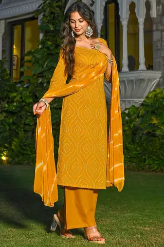 Yellow floral printed pure cotton kurta set for women