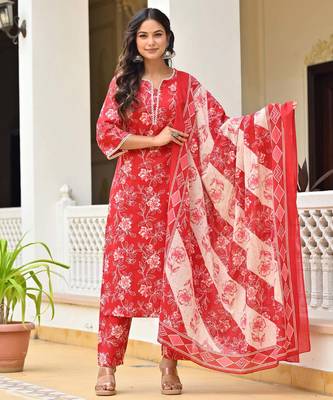 Red floral printed pure cotton kurta set for women 1