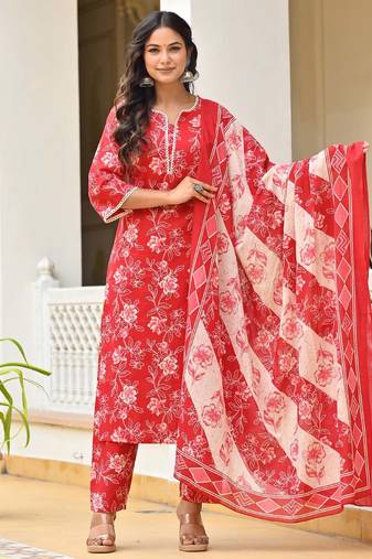 Red floral printed pure cotton kurta set for women